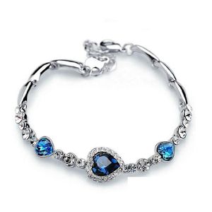 Bracelets de charme Bracelets bleu océan plaqué argent cristal strass coeur bracelet à breloques bracelet cadeau bijoux livraison directe bijoux Dhxcb