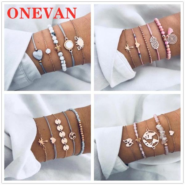 Pulseras con abalorios ONEVAN, pulsera de concha bohemia, juego de borlas de hoja de amor de la tierra, cadena multicapa para mujer, cuerda, regalos de joyería