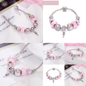 Bracelets de charme Pan Home Bracelet à bricoler soi-même série rose pendentif clé d'amour accessoires en spirale perles de verre livraison directe Otndx