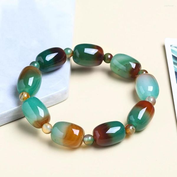 Bracelets porte-bonheur paon Agate Bracelet pierre naturelle coloré vert Agates pour femmes tambour baril forme Jade perles bracelets