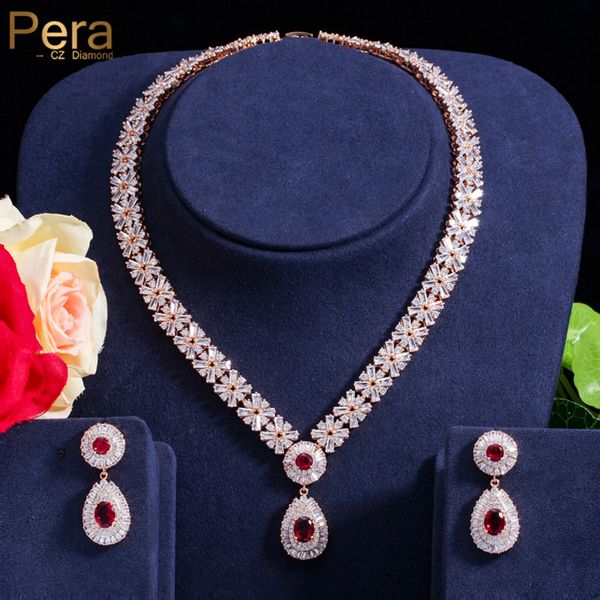 Pulseras de encanto Pera CZ Classic Cubic Zirconia Color de oro Boda nigeriana Traje africano Gran declaración Conjunto de joyas con piedra de cristal rojo J060 230901