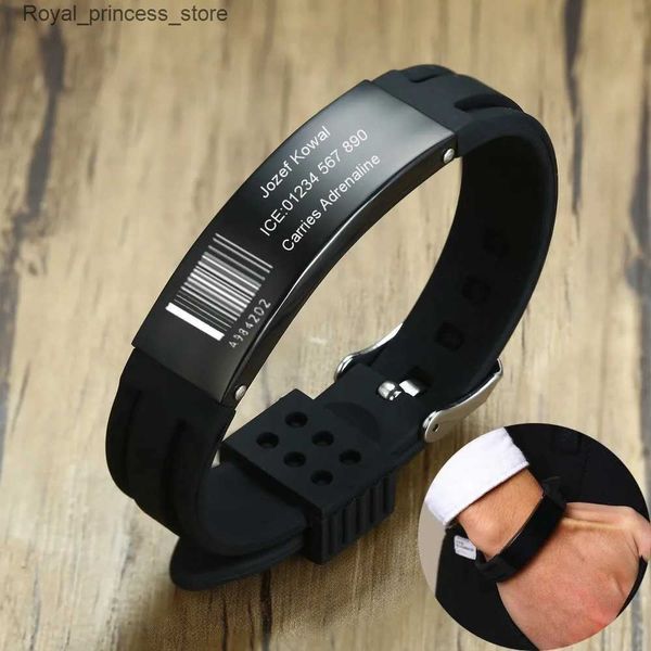 Bracelets de charme Sile personnalisé en bracelet de montre noir avec Elite ID 16 mm en acier inoxydable Étiquette d'identification gravée Bracelet réglable Q240321