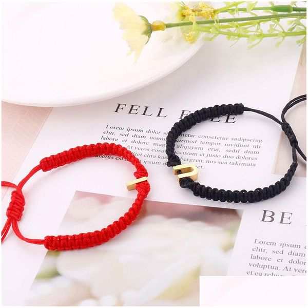 Bracelets à breloques Bracelet initial en acier personnalisé - Corde de fil rouge noir ajustable fabriquée à la main pour les couples Drop Delivery Jewelry Dhzmu