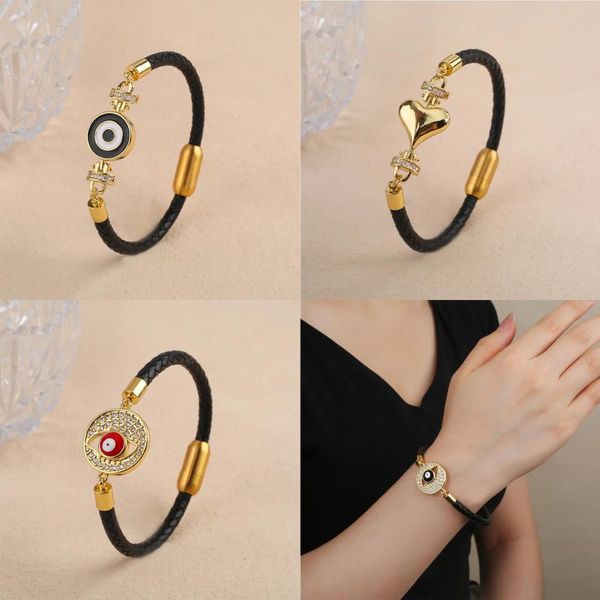 Bracelets de charme personnalisé turc mauvais yeux homme femme classique en cuir tressé en acier inoxydable fermoir magnétique bijoux