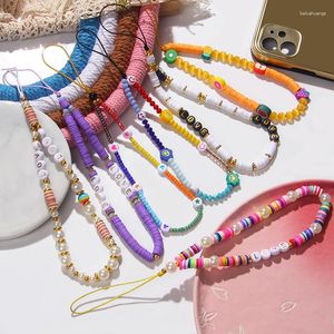 Bedelarmbanden Telefoonketting Kleurrijke zachte klei Mobiele lanyard Glimlach LIEFDE Pareltouw voor mobiele behuizing Hangkoordpolsband