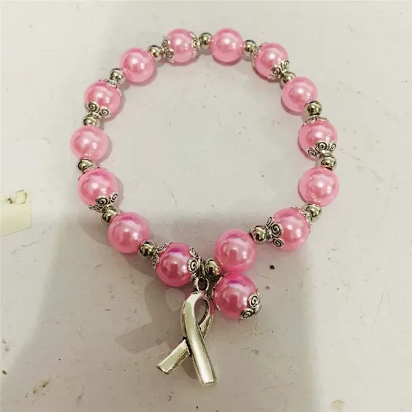 Pulseras de dijes Pulsera de cinta de concientización sobre el cáncer de mama rosa para joyería de mujer con - Paquete de 10