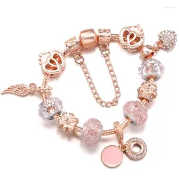 Bracelets de charme Rose Cercle Concentrique Couronne Plume Avec Coeur Pendentif Perle Fit Marque Bracelet Bijoux À Bricoler Soi-Même Cadeau Pour Les Femmes Faisant