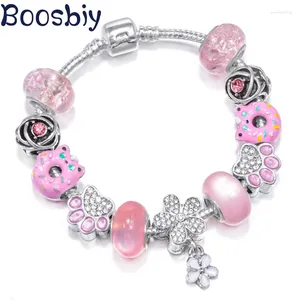 Bedelarmbanden roze huisdierenkraal met witte bloem hangend diy merk armband mode sieraden voor vrouwen maken cadeau desin