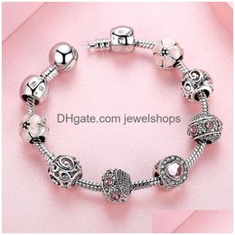 Bracelets de charme Bracelets de fleurs de Sakura rose Pan Dora Designs 925 argent mode amour coeur en forme de cristal strass opale perles charme Dhswb