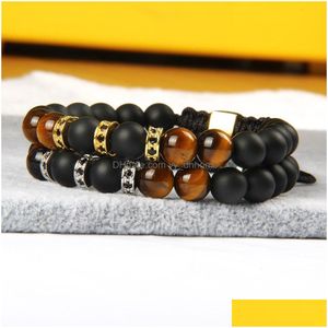 Bracelets De Charme Powerf Bijoux Pour Hommes En Gros 10 Pcs / Lot Cubic Micro Pave Noir Cz Spacer Perles Rame Bracelet Avec Oeil De Tigre Naturel Dhjhq