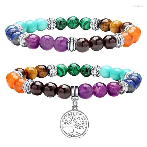 Pulseras con dijes Pulsera de cuentas de piedras preciosas preciosas para mujeres Árbol de la vida Chakra Energía Curación Ansiedad Joyería elástica