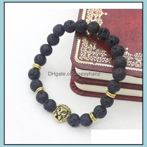 Charm Bracelets Pretty Antique Gold Plated Buddha Leo Lion Head Bracelet Black Lava Stone Beaded For Men Women Pseras Drop Delivery 2 Dhahl