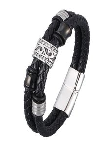 Bracelets de charme punk noir double en cuir authentique bracele tressée pour hommes en acier inoxydable