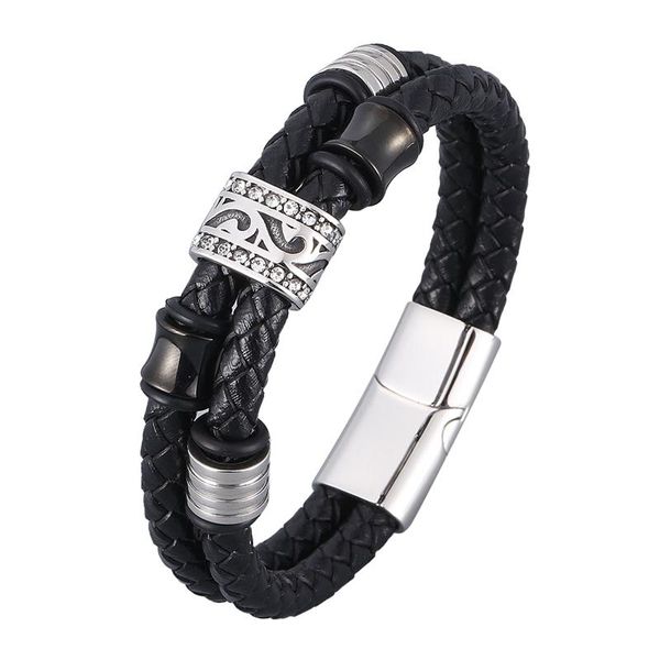 Bracelets porte-bonheur Punk noir Double cuir véritable tressé bracelets pour hommes en acier inoxydable Vintage mâle bracelet main bijoux SP0953
