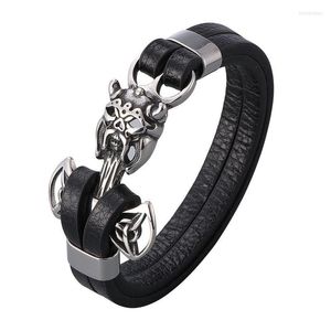 Bedelarmbanden punk zwarte meerlagige lagen lederen schedel armband mannen roestvrij staal mannelijke polsband mode sieraden cadeau sp1021charm inte22