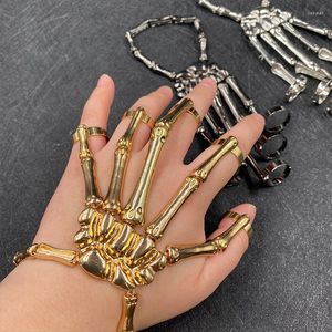 Bracelets porte-bonheur Punk Bracelet pour hommes gothique main chaîne crâne squelette cinq doigts anneaux réglable Couples femmes Halloween bijoux