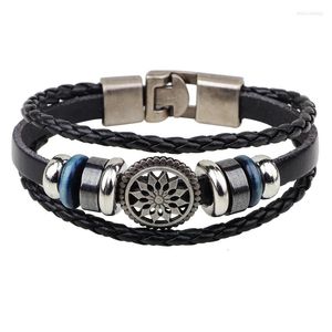 Bedelarmbanden punk koe leer gevlochten armband vintage legering zonnebloem mannen mode sieraden lederen armband man