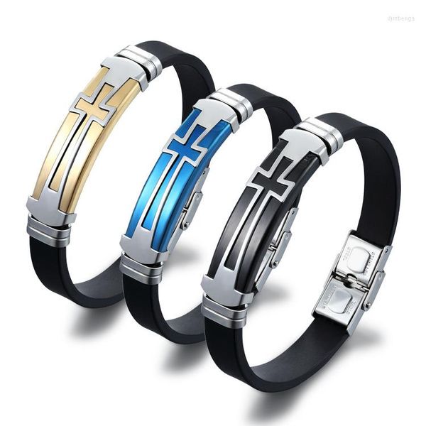 Pulseras de encanto Punk Cross Pulsera para hombres Silicona Acero inoxidable Joyería masculina Pulsera Brazaletes