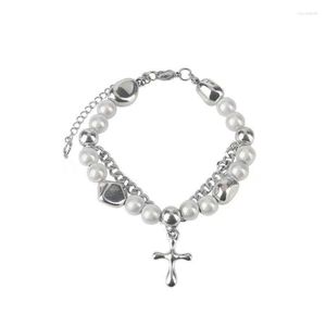 Bracelets porte-bonheur Punk croix pendentif Bracelet chaîne de poignet réglable réfléchissant perle artificielle Bracelet mode bijoux vêtements accessoire