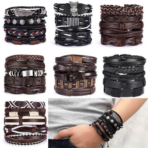 Pulseras con abalorios, diseño Punk, hoja, pluma, pulsera de cuero multicapa, brazaletes de cuerda hechos a mano trenzados de Metal para hombre, regalo para hombre