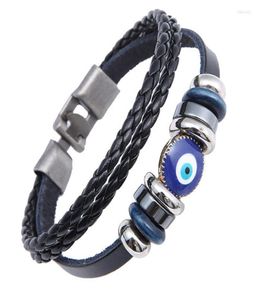 Bracelets de charme Punk Design Turc Blue Eye for Men Woman Fashion Bracelet en cuir noir en couches