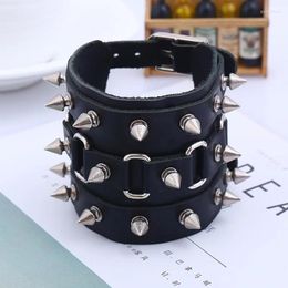 Bracelets de charme Punk Bracelet en cuir de vachette exagéré pour hommes Vintage conique pointu Rivet Spike véritable