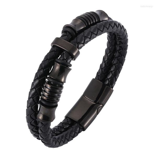 Bracelets de charme Punk véritable double couche hommes bracelet en cuir noir argent couleur fermoir magnétique bracelets pour hommes bijoux rock BB518