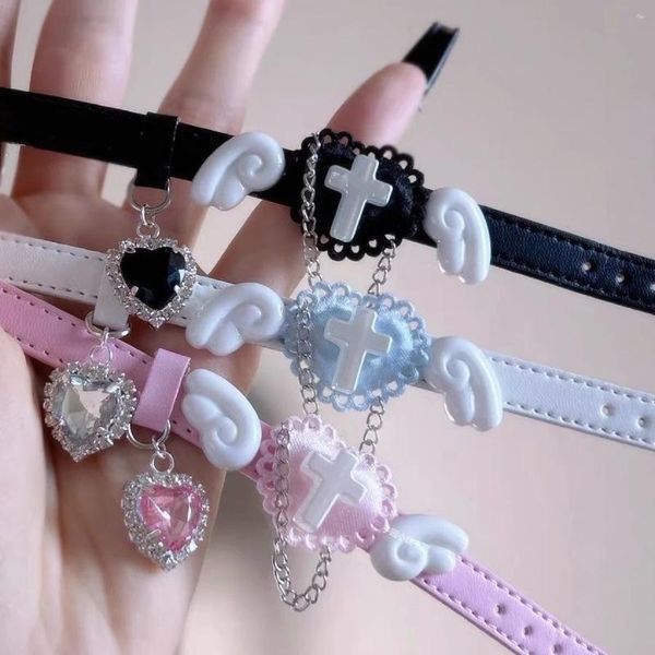Bracelets de charme Punk gothique Dopamine coeur aile croix incrustée chaîne de zircon résine bracelet en cuir collier pour femmes doux cool harajuku