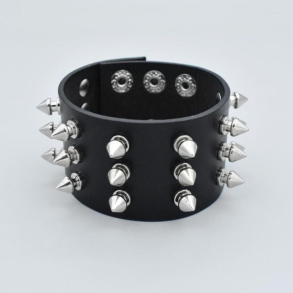 Pulseras con dijes Punk Rock gótico 1/2/3 filas Cuspidal Spikes Rivet Cone Stud Pulseras anchas de cuero Brazalete Joyería unisex