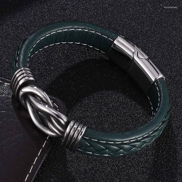 Bracelets porte-bonheur Punk Bijoux Hommes Vert Bracelet En Cuir Enroulement Irrégulier Graphique En Acier Inoxydable Aimant Fermoir Homme Bracelet Homme Cadeaux