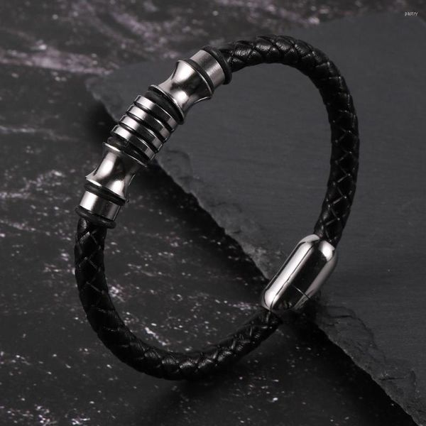 Pulseras con abalorios Punk para hombre, cuero de vaca marrón y negro, tubo de acero inoxidable, hebilla magnética, brazalete, joyería