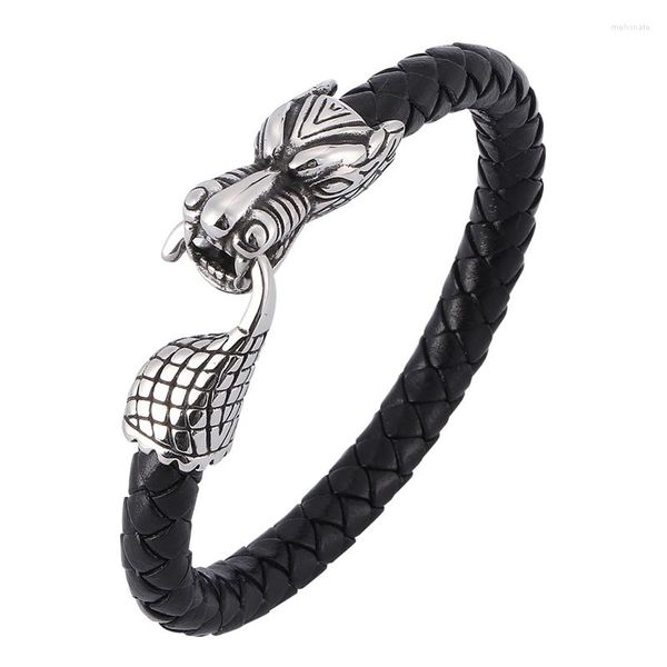 Bracelets porte-bonheur Punk hommes bijoux noir marron tressé Bracelet en cuir fait à la main Unique en acier inoxydable boucle Dragon mâle cadeaux SP0385