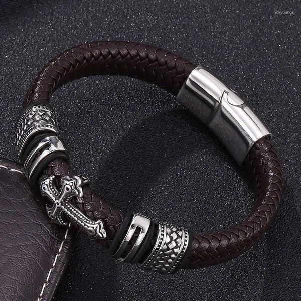 Pulseras de encanto Punk Hombres Joyería Marrón Trenzado Cuero Cruz Pulsera Acero inoxidable Cierre magnético Brazaletes de moda FR0120