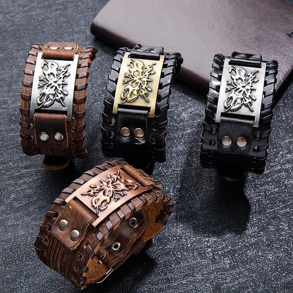 Pulseras con dijes Punk para hombre, brazalete ancho, diseño vikingo nórdico, pulsera de mariposa, tejido de cuero, pulsera ajustable, accesorios de joyería