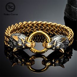 Bracelets porte-bonheur Punk Norse Viking tête de loup Bracelets couleur or acier inoxydable maille chaîne bracelet Antique noir amulette mâle bijoux accessoires 230422