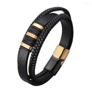 Bracelets porte-bonheur Punk acier inoxydable magnétique noir hommes Bracelet cuir véritable tressé Rock Bracelets bijoux accessoires BB1027