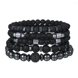 Bracelets de charme Punk Street Bijoux Hommes Ensemble Cubique Zircon Boule Perlée Naturel Mat Lave Hématite Obsidienne Mode