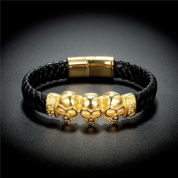 Pulseras con dijes Estilo punk Pulsera de cuero ancho negro Oro Acero inoxidable Tres accesorios de cabeza de esqueleto Hombres Brazaletes Joyería masculina