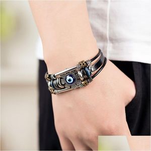 Bracelets de charme Punk Turc Evil Eye En Acier Inoxydable Bend Mtilayer Bracelet En Cuir Homme Femme Fleur Bijoux Bracelet Drop Livraison Dh9Al