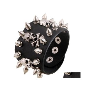 Pulseras con dijes Punk único Rock Spikes remache gótico esqueleto Skl Biker brazalete ancho brazalete de cuero regalo Drop Delivery joyería Otcqz