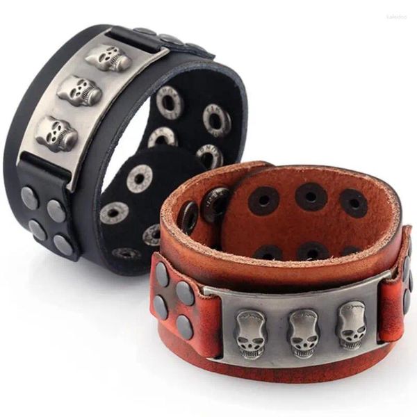 Brazones de encanto punk vintage gótico moda calavera hombres ancho de cuero genuino envoltura de brazalete de brazalete