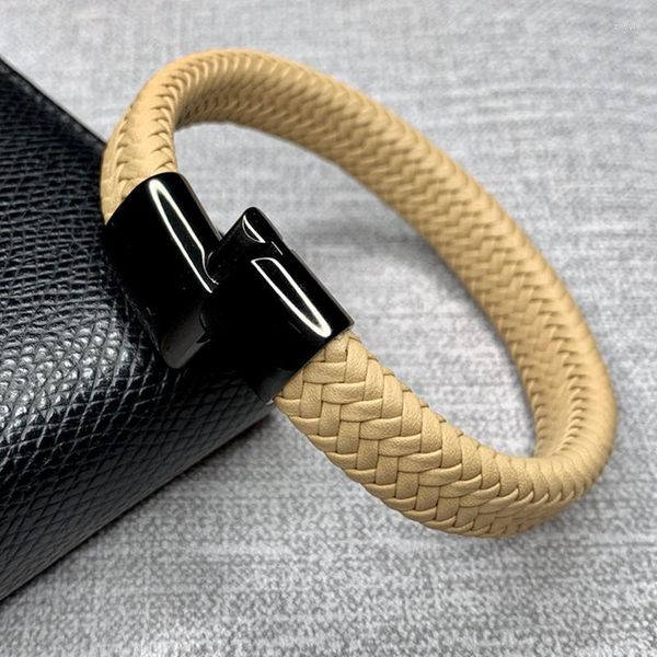 Bracelets porte-bonheur Punk cuir jaune tressé hommes bijoux mode acier inoxydable fermoir magnétique corde bracelets mâle poignet bande