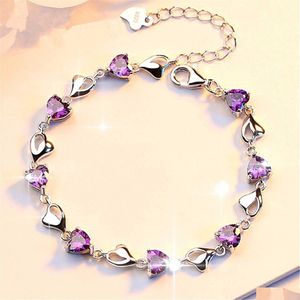Bedelarmbanden Purple Crystal Heart Bracelet Romantic Gift Roze Blue Amethyst Zirkon voor vrouwen sieraden drop levering Dh4Q1