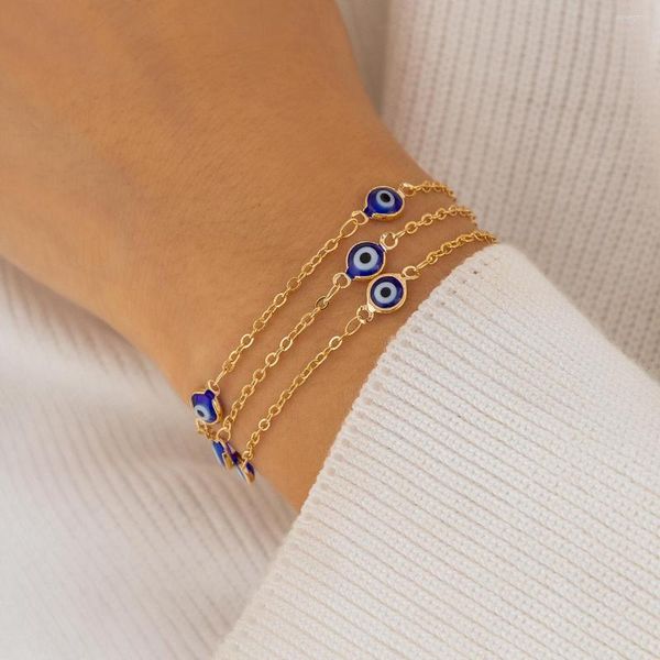 Pulseras con dijes PuRui Simple azul turco pulsera de ojo de la suerte Color dorado brazaletes de cadena de cobre ajustables para mujer joyería fiesta de boda