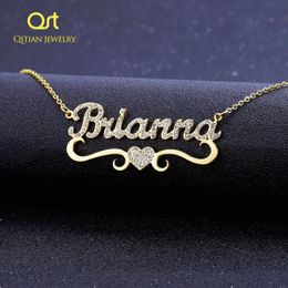 Bracelets de charme Qitian Collier de nom personnalisé avec coeur pour femmes personnalisé or acier inoxydable BlingBling pendentif personnalisé glacé colliers 231127