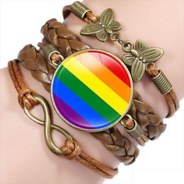 Pulseras con dijes Rainbow Gay Pride Lgbt Flag Glass Cabochon Leather Wrap Bangles para Mujeres Hombres Pulsera Joyería Drop Delivery Dhzeo