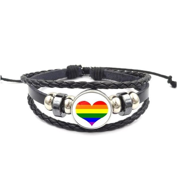 Pulseras con dijes Rainbow Sign Lgbt Pulsera 18Mm Ginger Snap Button para hombres Gay Mujeres Lesbianas Cuerda de cuero Joyería de moda Regalo Drop D Dhzcg