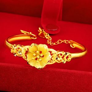 Bedelarmbanden Echt 24k Goud Kleur Zand Goud Lege Drie Bloemen Armband voor Vrouwen Bruid Verloving Verjaardag Bruiloft 999 Armbanden Sieraden Geschenken 231208