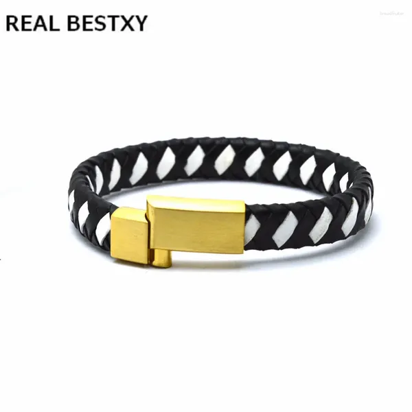 Braceletas Charmet Real xy grabado logo brazalete de cuero de brazalete negro para hombres con cierre de imán de acero inoxidable trenzado