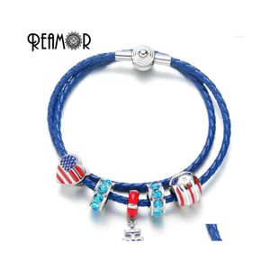 Bracelets porte-bonheur Reamor bleu marine en cuir véritable femmes ancre coeur drapeau américain Cz bijoux amour Usa livraison directe Dhkec